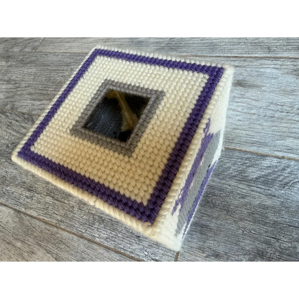 Handmade Hippo Needlepoint Tissue Box Cover Cottagecore Yarn Folk Art Home Decor